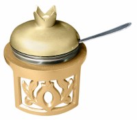 Additional picture of Honey Dish Pomegranate Shape with Glass Insert and Spoon Brass Color