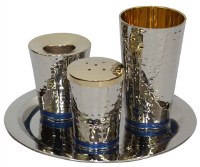 Havdallah Set Nickel Plated Hammered Design with Blue Strip 4 Piece Set