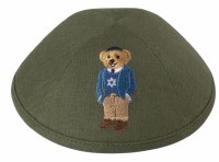iKippah Olive Linen with Dov Bear in Jewish Star Sweater Applique Size 18cm