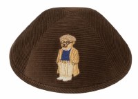 iKippah Brown Corduroy with Grandpa Bear Applique Size 16cm