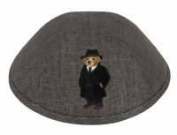 iKippah Gray Tweed with Rabbi Dov Bear Applique Size 16cm