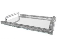 Crystal Mirror Tray Clear Handles Accented with Crushed Silver Stones Border 16.5" x 11.75"