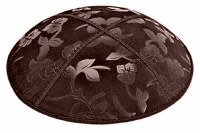 Brown Blind Embossed Flowers Kippah without Trim