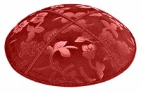 Red Blind Embossed Flowers Kippah without Trim