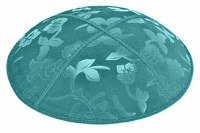 Teal Blind Embossed Flowers Kippah without Trim