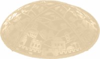 Beige Jerusalem Blind Embossed Kippah with Red and White Trim