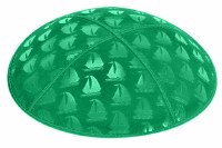 Emerald Blind Embossed Sailboats Kippah with Green and Gold Trim