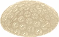 Beige Blind Embossed Smiley Kippah with Red and White Trim