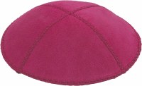 Additional picture of Fuchsia Suede Kippah with Beige and White Trim