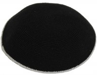 Black with Gray Border Fine Knitted Kippah Serugah 17cm