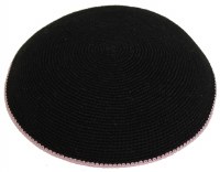 Black with Pink Border Fine Knitted Kippah Serugah 17cm