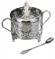 Decorative Dish Silver Plated with Handles Glass Insert and Spoon