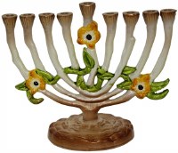 Candle Menorah Enamel Multicolored Floral Design 6"