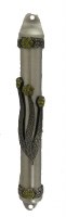 Mezuzah Case Pewter Shin Design with Green Rhinestones 12cm