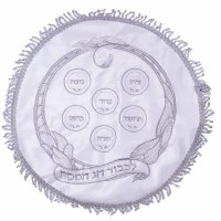 Round Satin Matzah Cover Embroidered Swirl Design White 19"