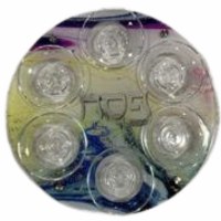 Additional picture of Glass Seder Plate Raised on Legs Multi Color Marble Design 13"