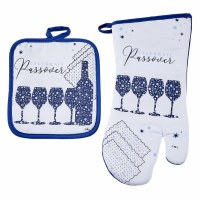 Cotton Hostess Set Contains Pot Holder And Oven Mitt Passover Mosaic Design White Blue