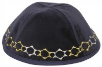 Kippah Navy Velvet with Embroidered Gold and Silver Stars of David Trim