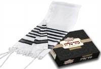 Traditional Wool Tallis Elite Edtion Chaluke DeRabunon Side Band Only With Avodas Yad Thick Tzitzis Size Medium 55" x 72"