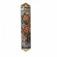 Yair Emanuel Laser Cut Hand Painted Mezuzah Case Large Flowers Multicolor 12cm
