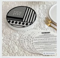 Lucite Round Bencher Set with 8 Hebrew Birkat Hamazon Cards Black and White Design Ashkenaz