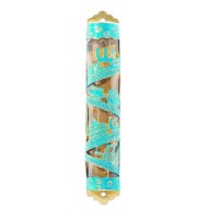 Yair Emanuel Laser Cut Hand Painted Mezuzah Case Large Train Turquoise 12cm