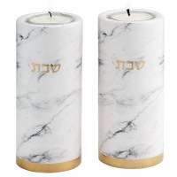 Additional picture of Ceramic Shabbos Candlestick 2 Piece Set Marble Design Gold Accent