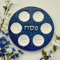 Additional picture of Ceramic Seder Plate Blue with Gold Accents 12"