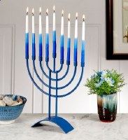 Additional picture of Traditional Steel Candle Menorah Matte Finish Arc Base Slate Blue 8.6"H