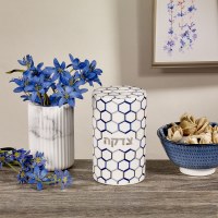 Additional picture of Ceramic Tzedakah Box Honeycomb Design Silver Accent White 5.5"
