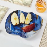 Additional picture of Glass Apple Shape Plate Blue Marble Design 7"