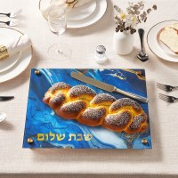Additional picture of Glass Challah Board Raised Legs Marble Design Blue 15" x 12"