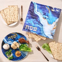 Additional picture of Square Matzah Cover Marble Design Embroidered Accent Blue 13"
