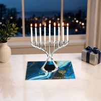 Additional picture of Tempered Glass Menorah Drip Tray Blue Marble Design 11.75"