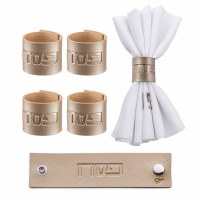 Additional picture of Faux Leather Napkin Rings Pesach Embossed Gold 4 Pack