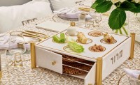 Additional picture of Lucite Square Seder Plate Kaarah 3 Tier Classic Design Removable Shelves Matzah Box White Gold 14" x 14"