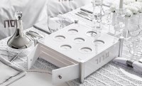 Additional picture of Lucite Square Seder Plate Kaarah 3 Tier Classic Design Removable Shelves Matzah Box White Silver 14" x 14"