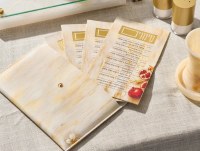 Additional picture of Faux Leather Simanim Card Holder Pouch Includes Set of 4 Simanim Cards Hebrew Ashkenazi Pomegranate Design Gold Accent 5" x 8"