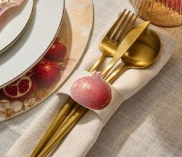 Additional picture of Faux Leather Napkin Rings Painted Pomegranate Design Beige Gold Accent 4 Pack