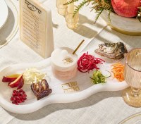 Additional picture of Resin Marbled Simanim Tray with Honey Dish and Spoon Curve Design Hebrew Gold 17" x 7"