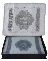 Additional picture of Glass Challah Board and Cover 2 Piece Set Silver Filigree Design Small Size White