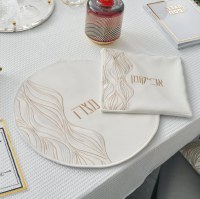 Additional picture of Faux Leather Round Matzah Cover Squiggle Lace Design White Gold 19"