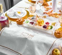 Additional picture of Lucite Simanim Tray Card Set Suspended Design Includes 6 Lucite Simanim Cards and Honey Dish Gold