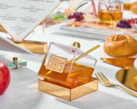 Additional picture of Lucite Honey Dish with Spoon Tilt Design Gold 4"