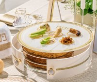 Additional picture of Lucite Round Seder Plate Kaarah 3 Tier Herringbone Design Removable Shelves Matzah Box White Gold 15"
