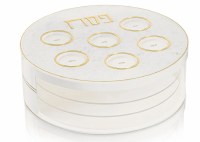 Additional picture of Lucite Round Seder Plate Kaarah 3 Tier Spinning Matzah Box Pearlstone Style Gold 13.75"