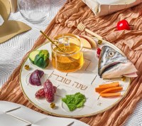 Additional picture of Lucite Simanim Tray Round Woven Design Hebrew Gold 11"