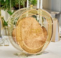 Additional picture of Lucite Standing Matzah Box Herringbone Design Gold 13.25"