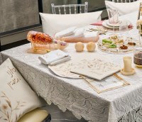 Additional picture of Pesach Set Faux Leather 4 Piece White and Gold Floral Bird Design