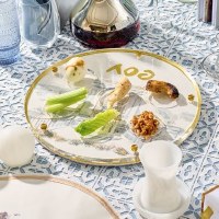 Additional picture of Lucite Seder Plate Kaarah Leather Painted Bais Hamikdash Artwork Gold 13.75"